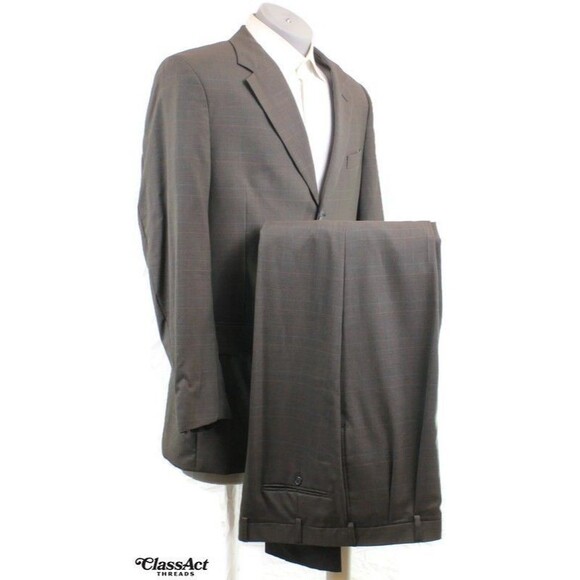 Jos A Bank 2 Piece Suit Mens Green Glen Plaid 3 Btn Wool 44L Pleated Fronts 36 W - Picture 2 of 10